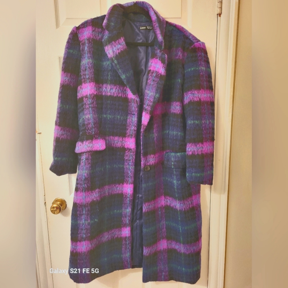 Women's Plaid Coat - Pink and Blue